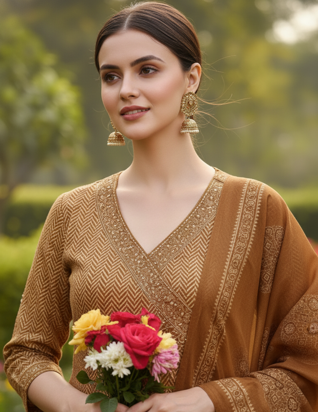 Orange Chevron and Floral Anarkali Kurta Set with Dupatta